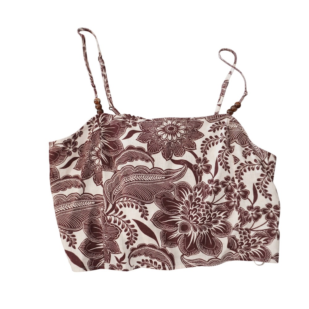 Rachel Zoe Size Medium Brown Floral Linen Blend Beaded Strap Smocked Crop Top